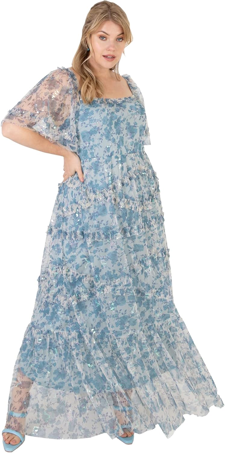 Lovedrobe Damen Womens Plus Size Maxi Dress for Ladies Short Flutter Sleeve Ruffle Pull On High Wais