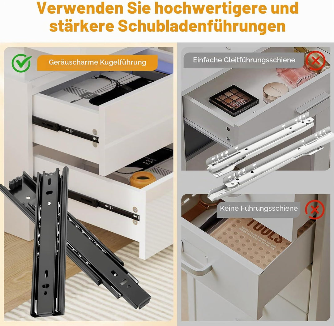 Nachttisch mit Steckdose, Nachtschrank mit Led Licht, Nachtkommode mit 3 Schubladen und Versteckte S