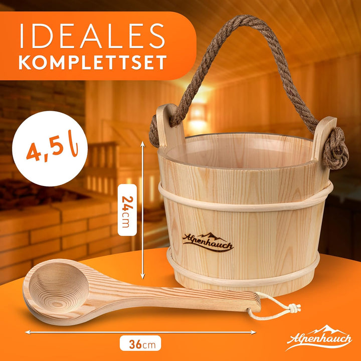 ALPENHAUCH Sauna Eimer mit Kelle [100% Naturholz] - Edler Saunakübel mit komfortablem Hanftrageseil