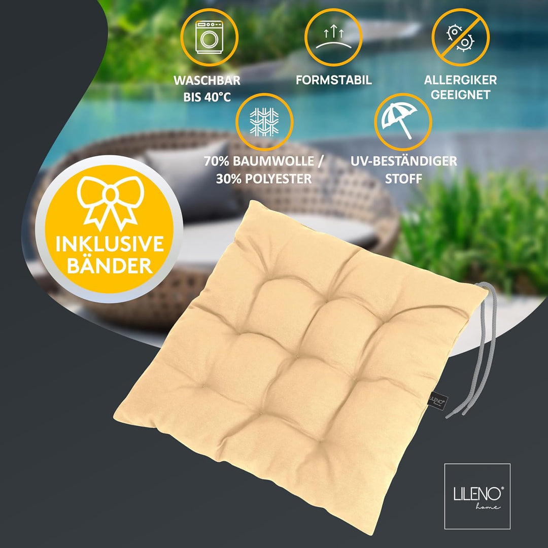 LILENO HOME 4er Set Stuhlkissen 01 Vanille (40x40x6 cm) - Sitzkissen für Garten, Küche oder Esszimme