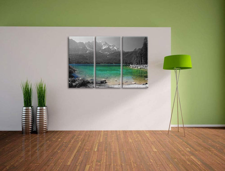 Eibsee vor der Zugspitze schwarz/weiss 3-Teiler Leinwandbild 120x80 Bild auf Leinwand, XXL riesige B