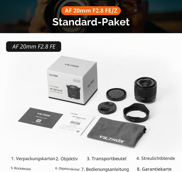 VILTROX AF 20mm F2.8 Air FE Objektiv für Sony E-Mount, 20mm f/2.8 Weitwinkel-Vollformat-Autofokusobj
