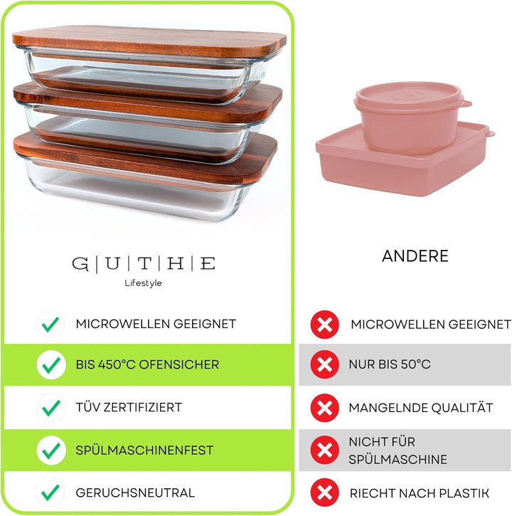 GUTHE Lifestyle 3er Set Aufschnittboxen für Kühlschrank glas, stapelbare Frischhaltedosen mit Akazie