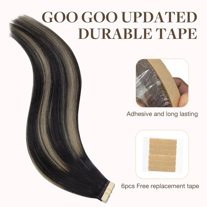 GOO GOO Tape in Extensions Echthaar, Balayage Naturschwarz Gemischt Hellblond 40cm 20pcs 50g, Haarve