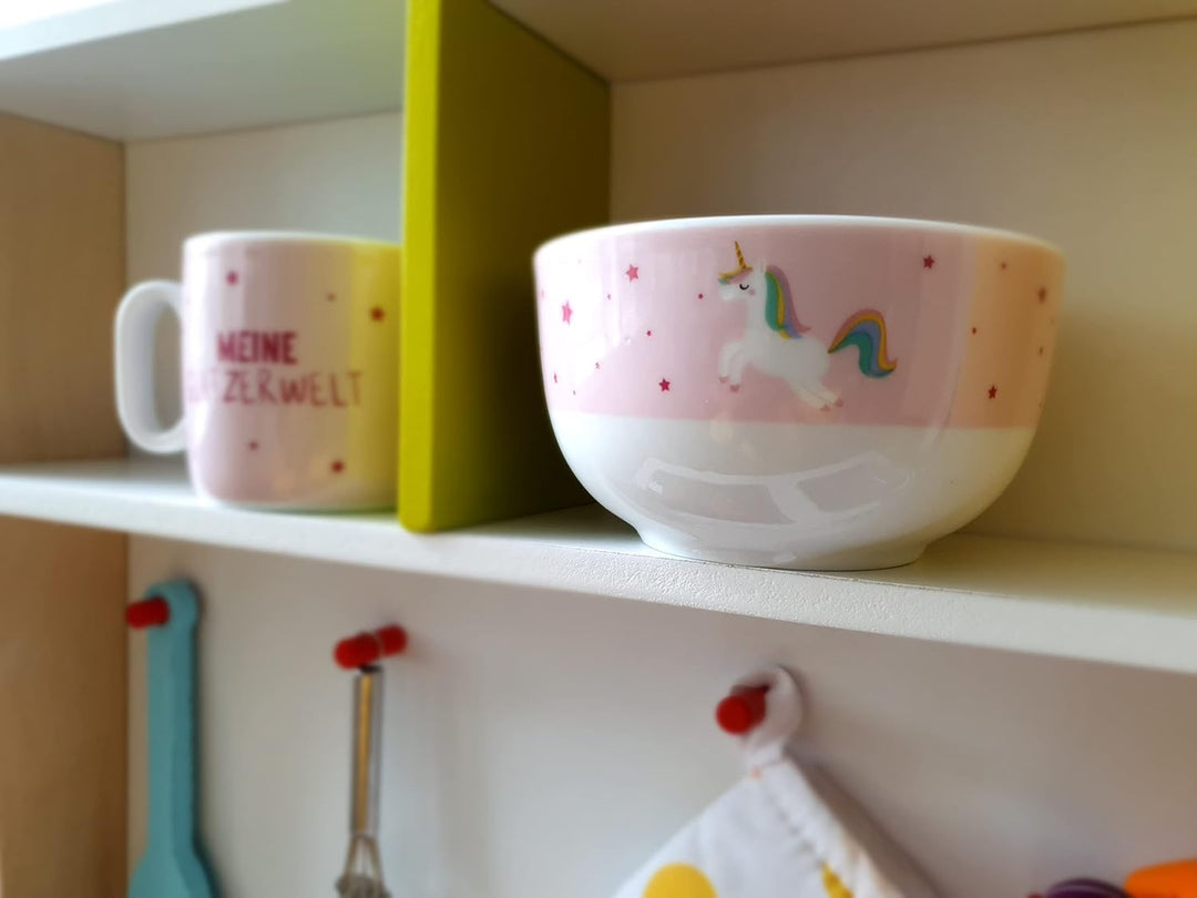 Dekohelden24 Porzellan Kinder-Schälchen - Müslischale - Obstschale - Einhorn mit Spruch - Magische M