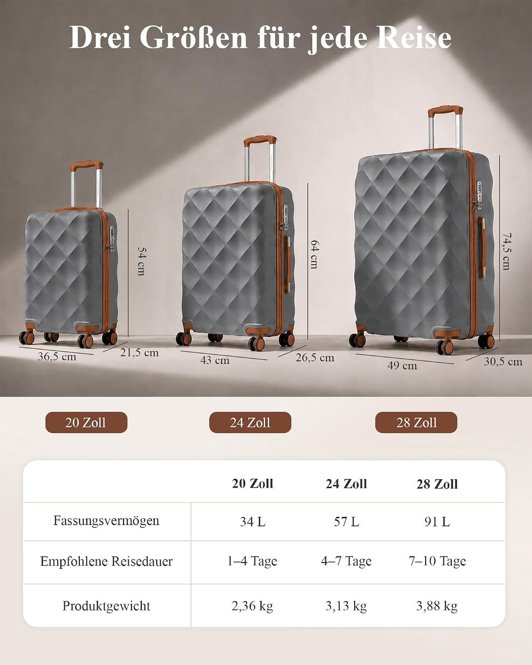 British Traveller Handgepäck Koffer 54x36.5x21.5 cm, Hartschalen Reisekoffer aus ABS+PC mit TSA-Schl