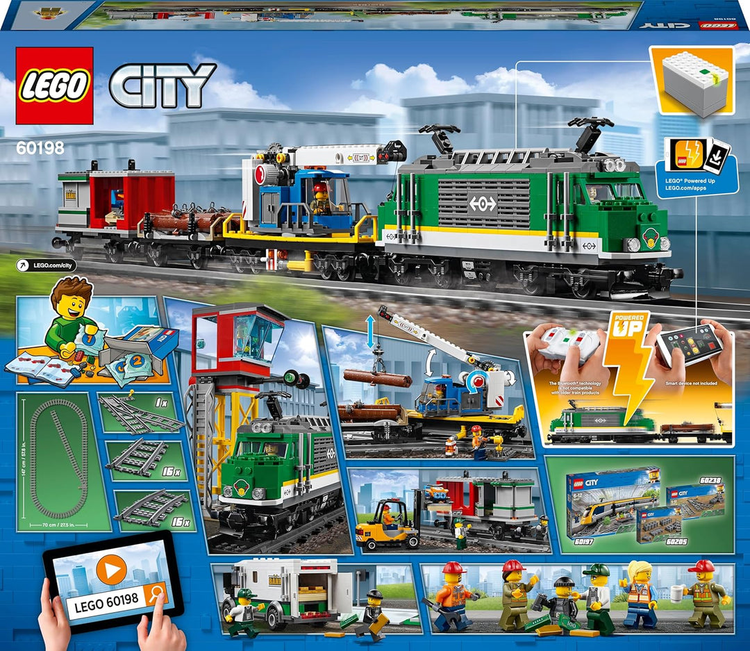 LEGO 60198 City Güterzug, Set mit batteriebetriebenem Motor, Bluetooth-Fernbedienung, 3 Wagen, Gleis