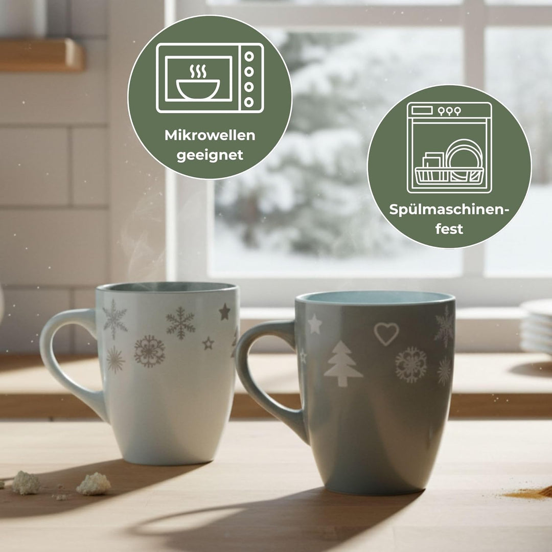 Schönes Weihnachtstassen 6er Set - Grosse 300 ml Weihnachtsmotiv Kaffee-Tassen in grau, weiss Weihna