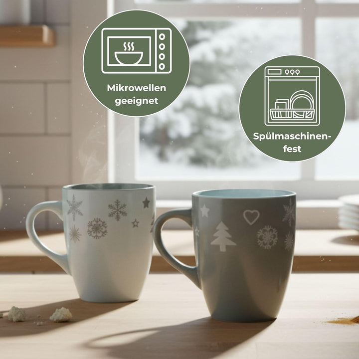 Schönes Weihnachtstassen 6er Set - Grosse 300 ml Weihnachtsmotiv Kaffee-Tassen in grau, weiss Weihna