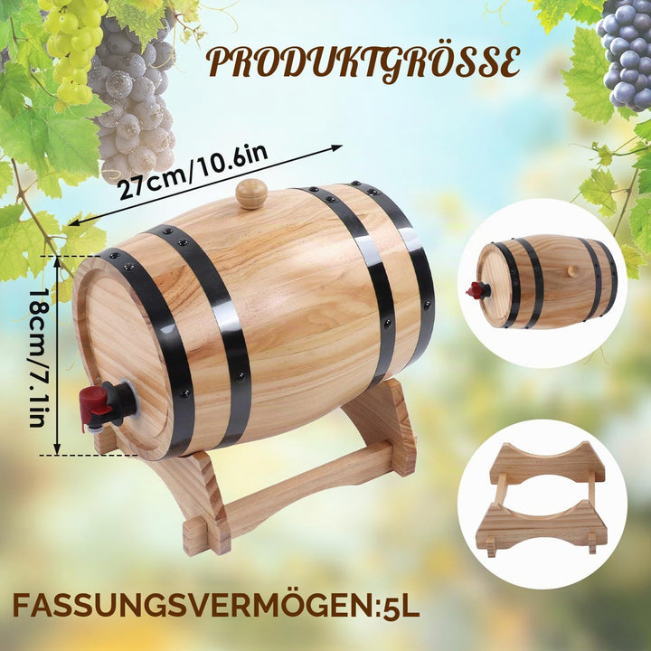 Tissting Weinfass, 5L Whiskyfass Aus Holz mit Bock und Zapfhahn, Vintage Holzfass Braufass Spirituos