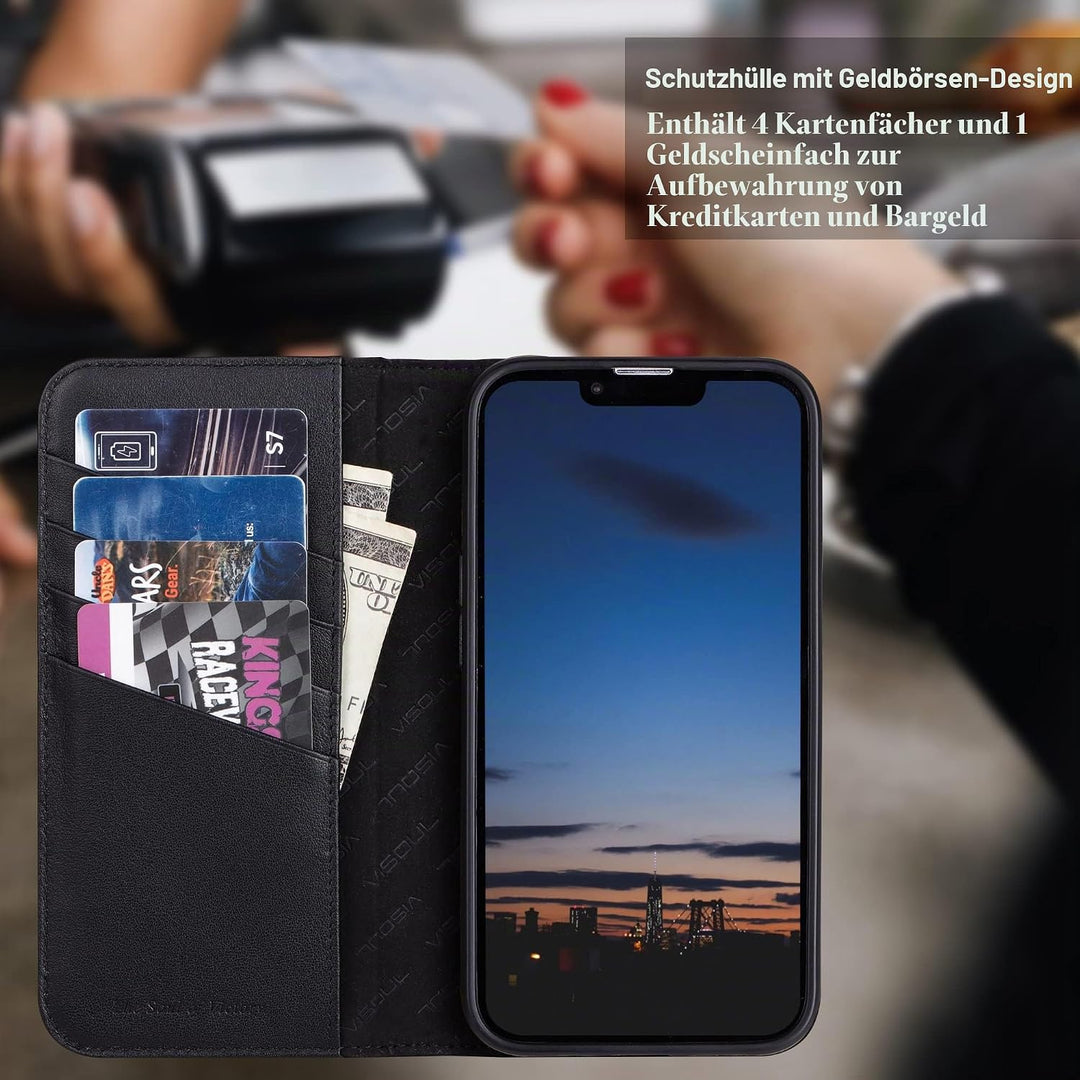 VISOUL iPhone 14 Plus Hülle, Handyhülle [100% Carbon Leder] [RFID Schutz] [Schützt vor Stoss] [Stand