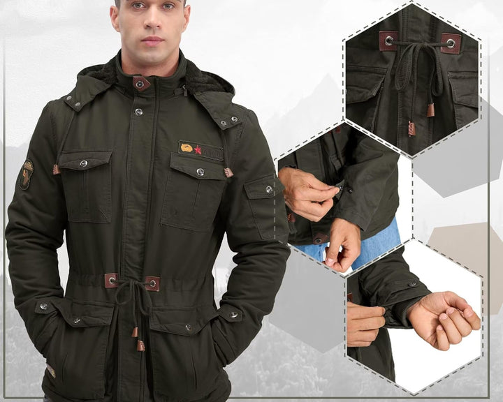 Winterparka Herren Fleece Gefüttert Winterjacke mit Viele Taschen Kapuze Warm Winter Mantel Übergang