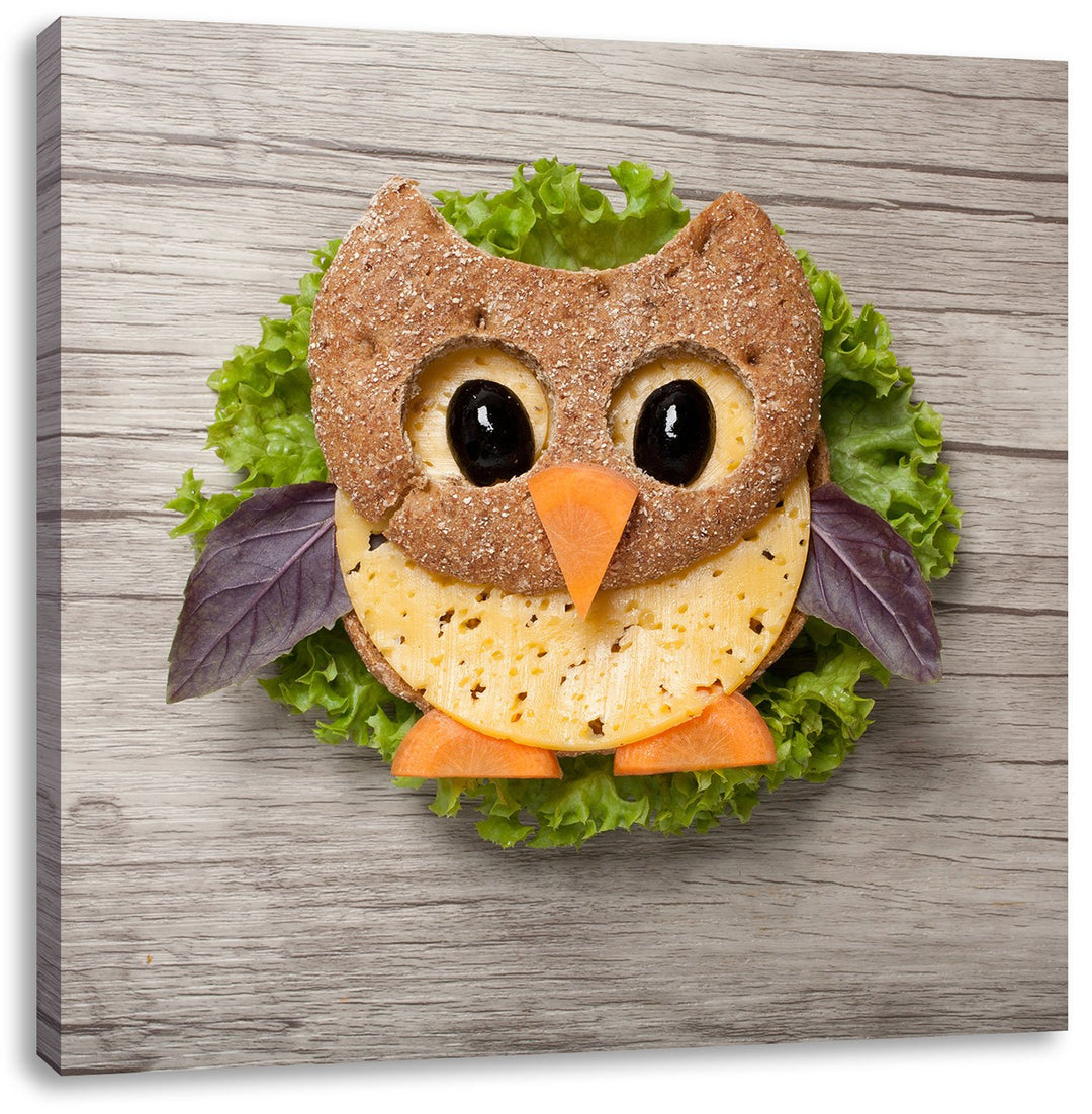 das lustige Eulen Sandwich, Format: 70x70 auf Leinwand, XXL riesige Bilder fertig gerahmt mit Keilra
