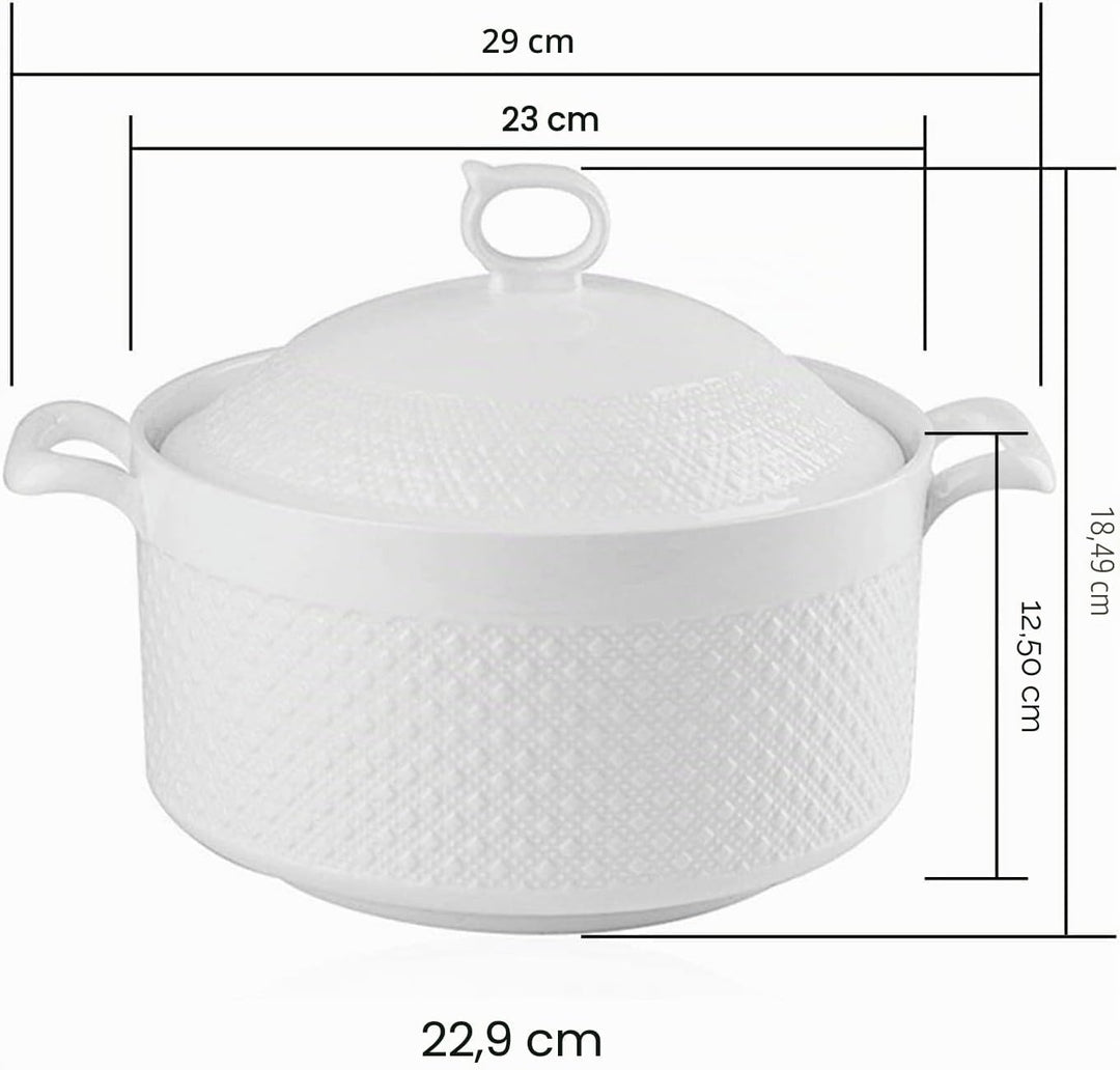 Weisse cremefarbene Suppenterrine mit Deckel, 3,6 l, grosse Porzellan-Suppen-Servierschale mit Griff