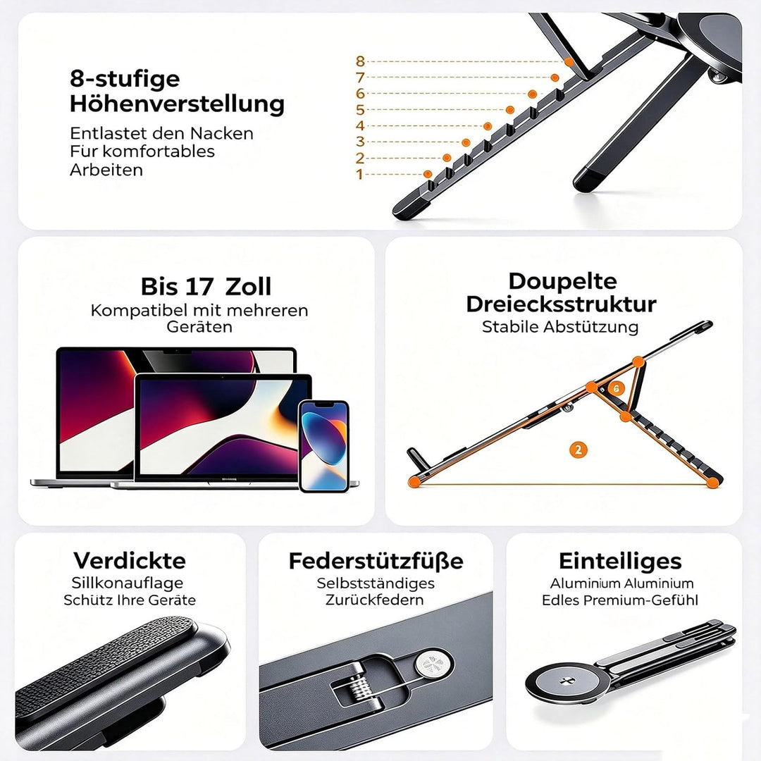 Tragbarer, klappbarer Laptopständer aus Aluminium mit Magnetfunktion, 8-Fach höhenverstellbar, schne