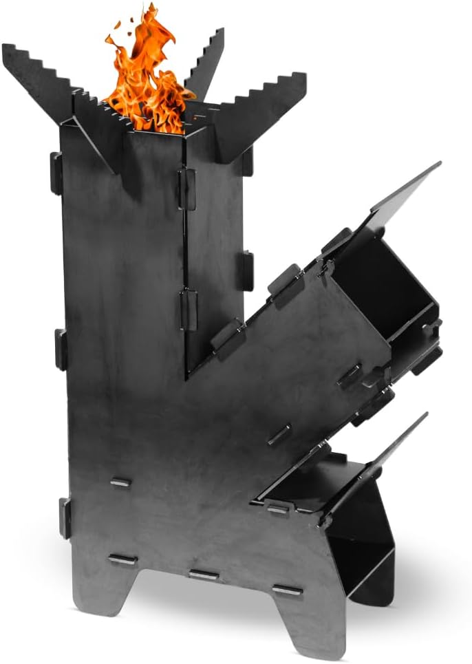 Czaja Raketenofen mit Grillplatte 5 mm dick und Eisen Bratpfanne - Rocket Stove Stecksystem aus mass