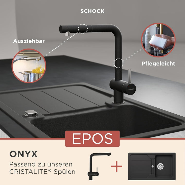 SCHOCK Küchenarmatur Epos Onyx – Hochdruck Armatur mit ausziehbarer Schlauchbrause Schlauchbrause On