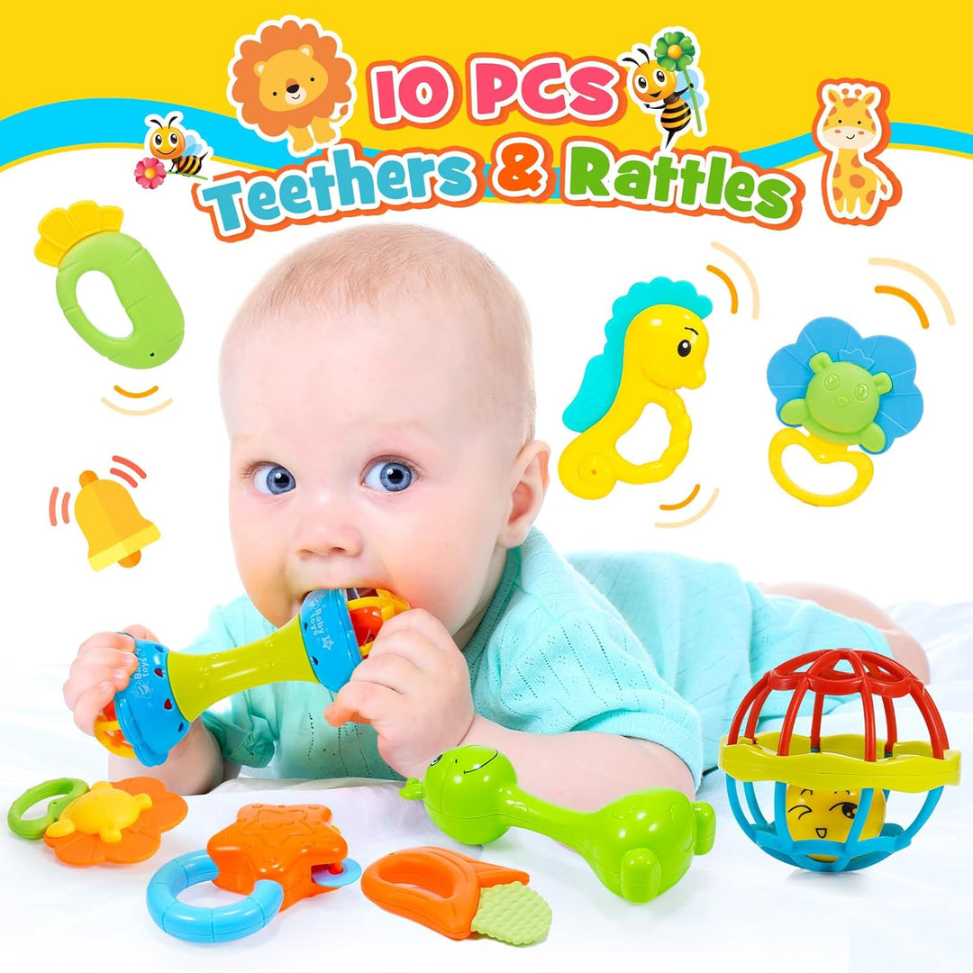 Baby Spielzeug ab 0-12 Monate, 14 Pcs Rasseln Beissring Set mit Aufbewahrungsbox Babyspielzeug ab 0-