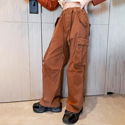 Rolanko Mädchen Baggy Cargo Hose, Elastisch Hohe Taille Gerade Weites Bein Streetwear Hose mit Mehre