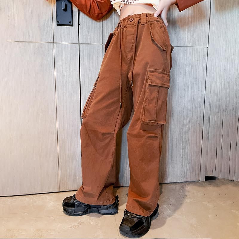Rolanko Mädchen Baggy Cargo Hose, Elastisch Hohe Taille Gerade Weites Bein Streetwear Hose mit Mehre