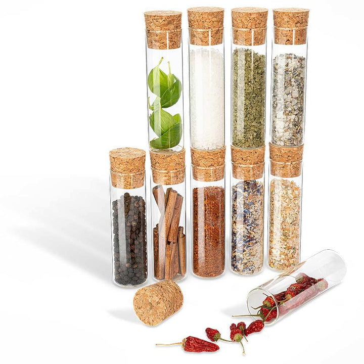 Tuuters 25x Gewürzgläser mit Korken (dunkelbraun) im Set, aus Glas, kleine Gewürzbehälter (130 x Ø30