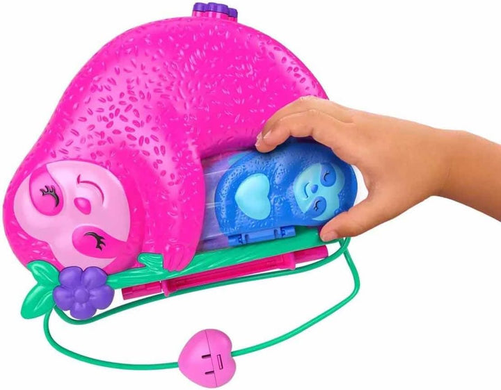 Polly Pocket Faultierfamilie 2-in-1 Taschenschatulle - Tropisches Abenteuer mit 12 Accessoires, Dsch