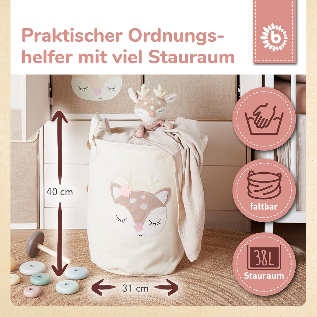 Bieco Wäschekorb Baby Reh Ella | Grosser Aufbewahrungskorb Kinder Baumwolle und Wasserabweisend | Au