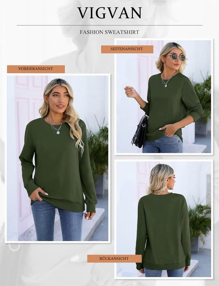 VIGVAN Damen Sweatshirt Pullover Elegant Basic Langarmshirt Rundhals Baumwolle Pulli Herbst Winter C