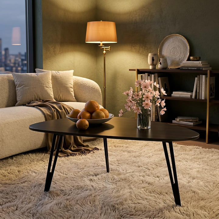 Manora Ovaler Couchtisch Schwarz Holz mit Stabilen Metallbeinen,Couchtisch Rund Schwarz, Moderner So
