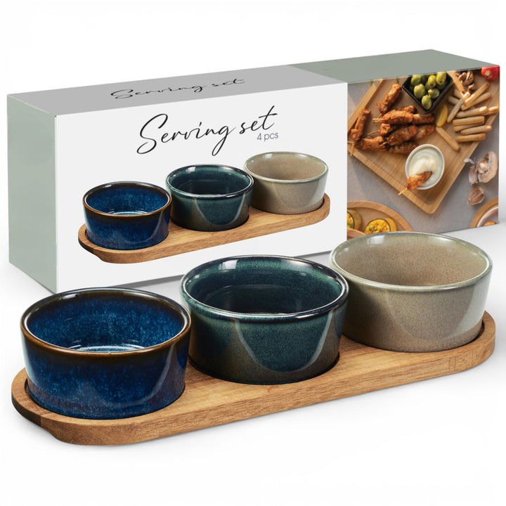 MIJOMA Servierset 4-teilig – Drei Steingut-Schalen in Reactive-Glaze-Tönen – Akazienholz-Tablett FSC