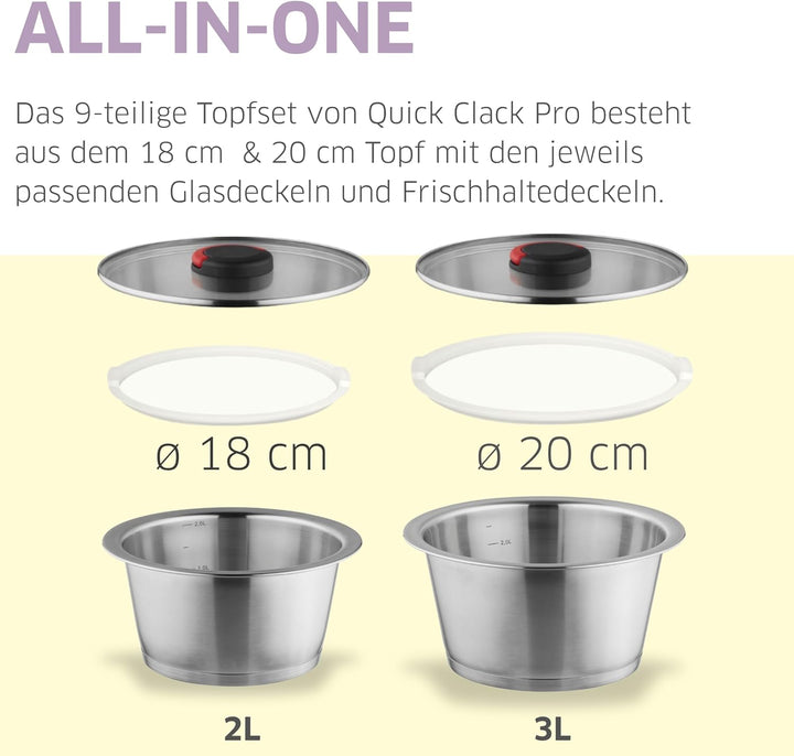 Topfset Induktion 9-teilig 18 & 20 cm mit Glasdeckel, Frischhaltedeckel & abnehmbaren Griffen, Edels