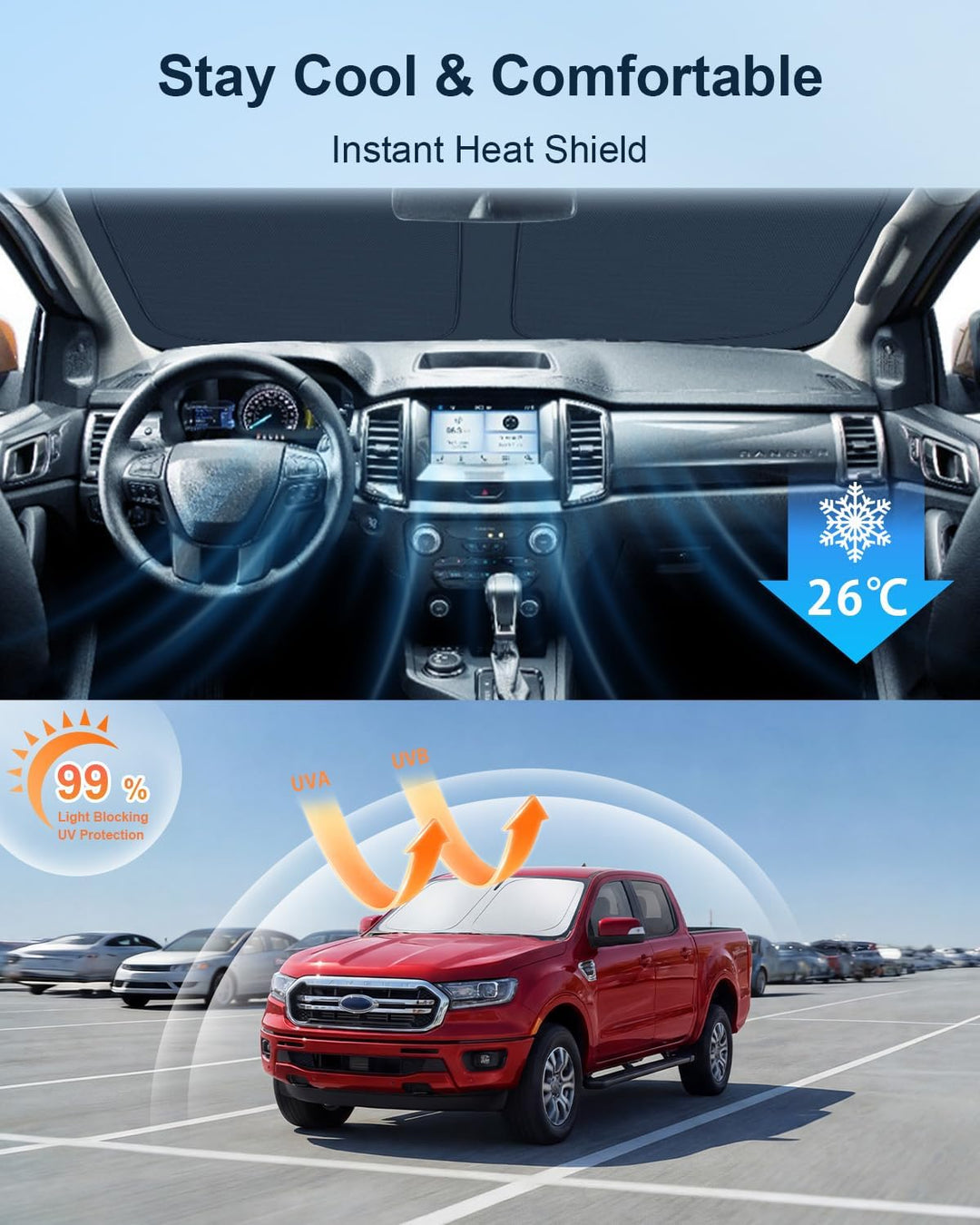 BIXUAN Frontscheiben-Sonnenschutz kompatibel mit Ford Ranger T6 2019 2020 2021 2022 Auto Sonnenschut