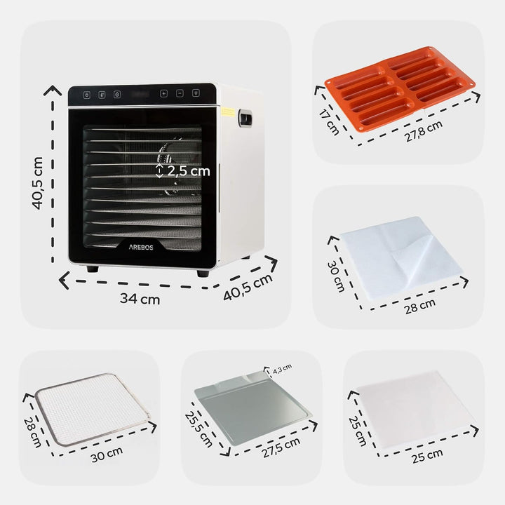Arebos Dörrautomat Edelstahl 800W | Dehydrator mit 12 Gittern & 29L | Dörrgerät für Obst, Gemüse, Kr