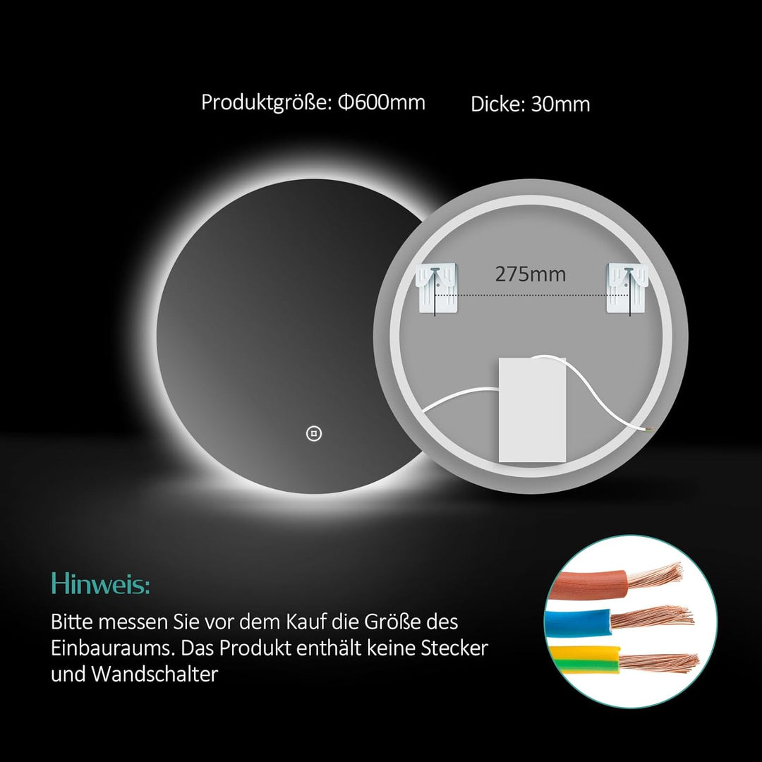 EMKE Badspiegel mit Beleuchtung Rund 60cm Rund LED Badspiegel mit Touch-Schalter, Dimmbar, 6500K, 3