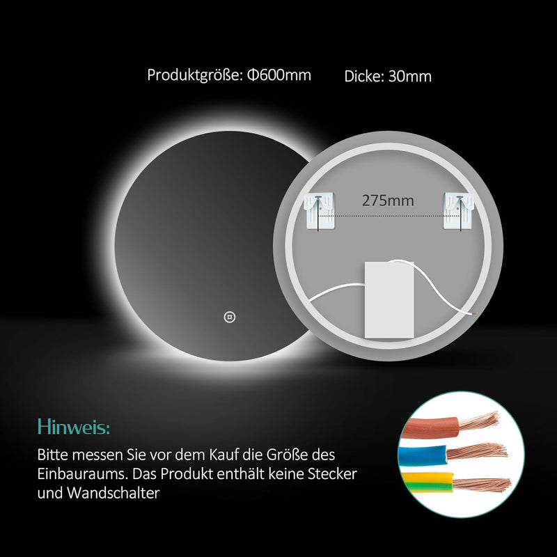 EMKE Badspiegel mit Beleuchtung 60 cm Durchmesser mit dimmbar kaltes weisses Licht 6500K, Speicherfu