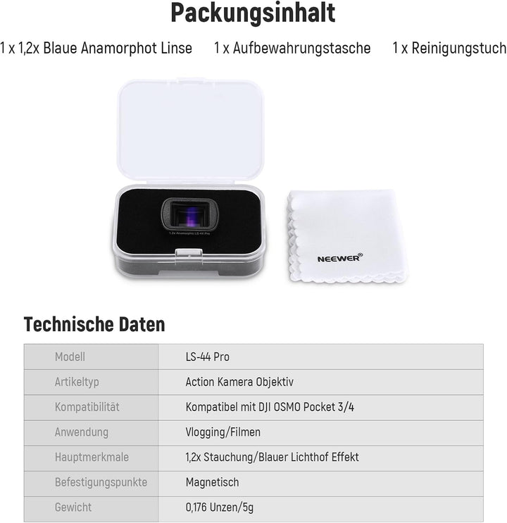 NEEWER Anamorphisches Objektiv, Blau, 1,2 x, kompatibel mit DJI Osmo Pocket 3 und Creator Combo, Kin