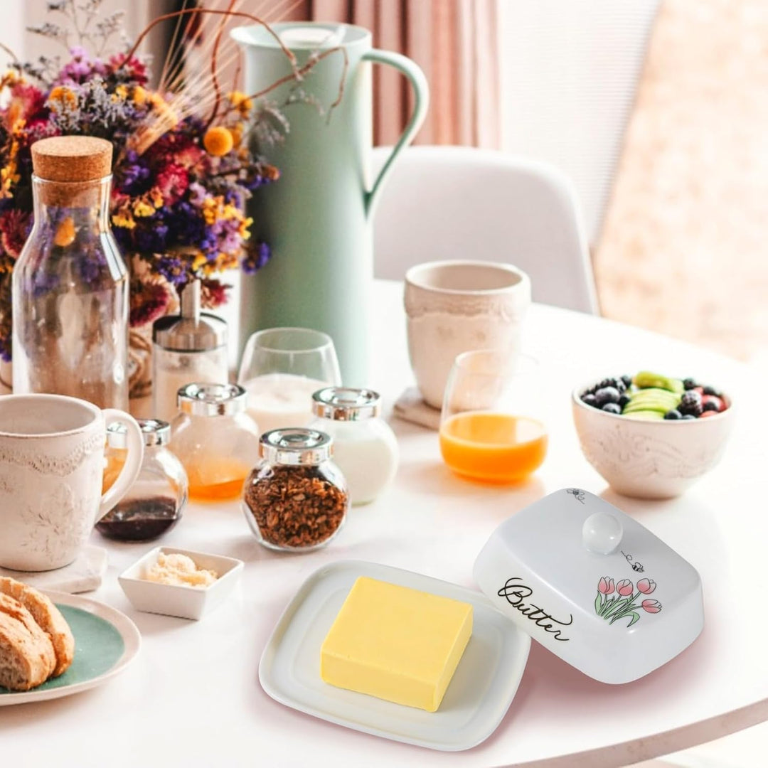 Butterdose mit Griff für 250g Butter, Hochwertige Keramik, Weiss mit Blumen Bienen Muster, Porzellan