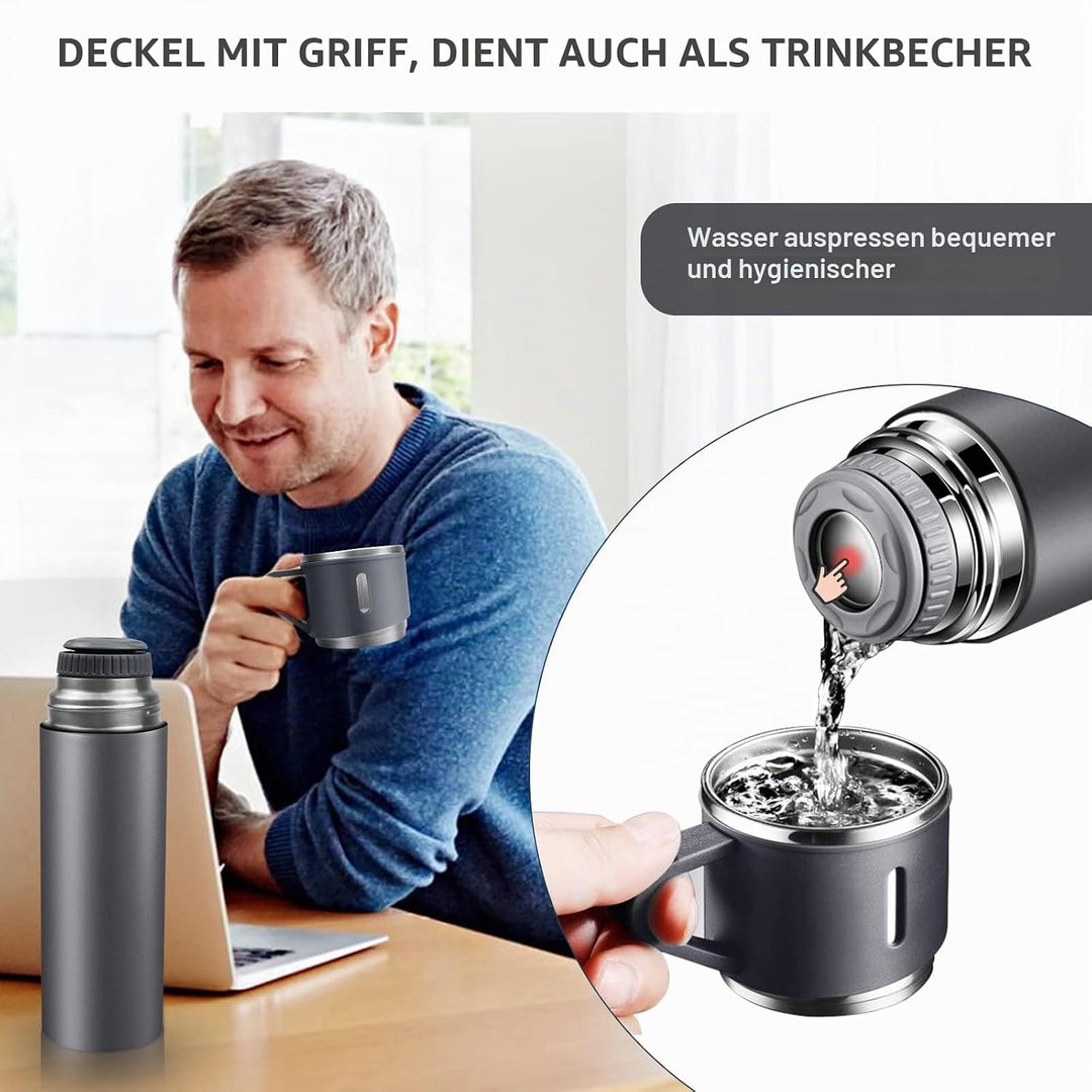 Thermosflasche 500ml mit Becher und Griff, Trinkflasche Edelstahl, Auslaufsichere Isolierflasche für