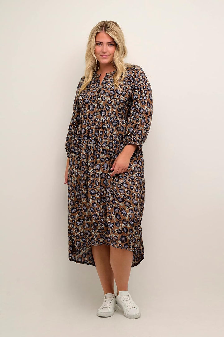 KAFFE CURVE Kleid Grosse Grössen Damen 3/4 Arm V-Ausschnitt Kleid Grosse Grössen Damen 3/4 Arm V-Aus