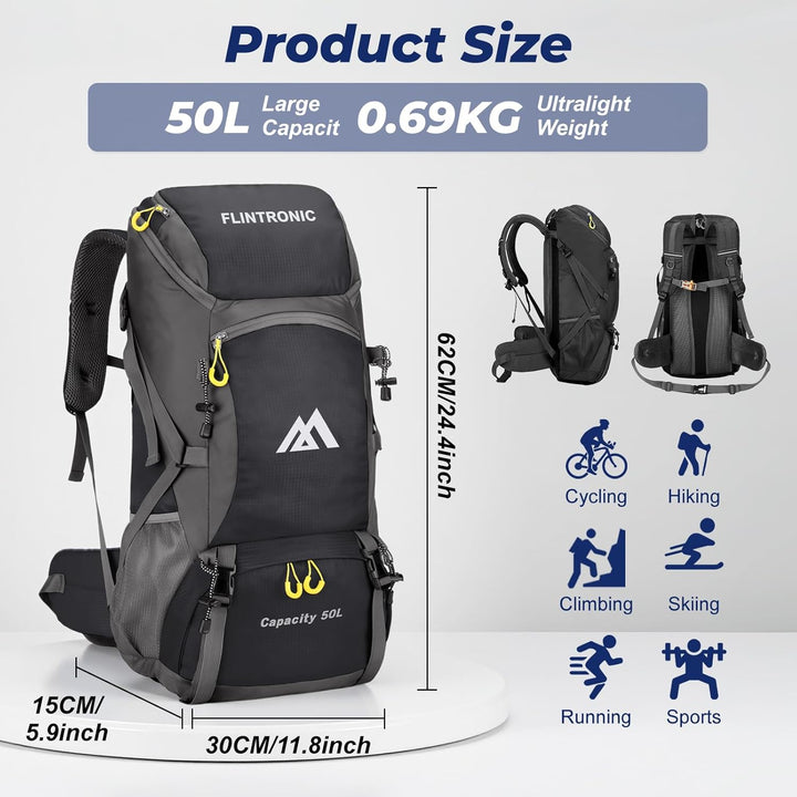flintronic Wanderrucksack Herren Damen 50L, Outdoor Rucksack Trekkingrucksack, Leichter Wasserdichte
