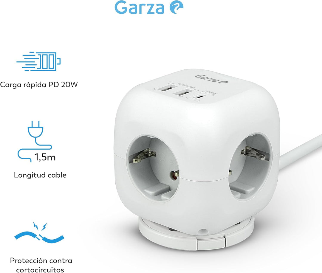 6-in-1-Steckdosenleiste CUBO mit 3 Schuko-Steckdosen, 2 USB-A- und 1 USB-C-PD20W-Anschluss, Schnelll