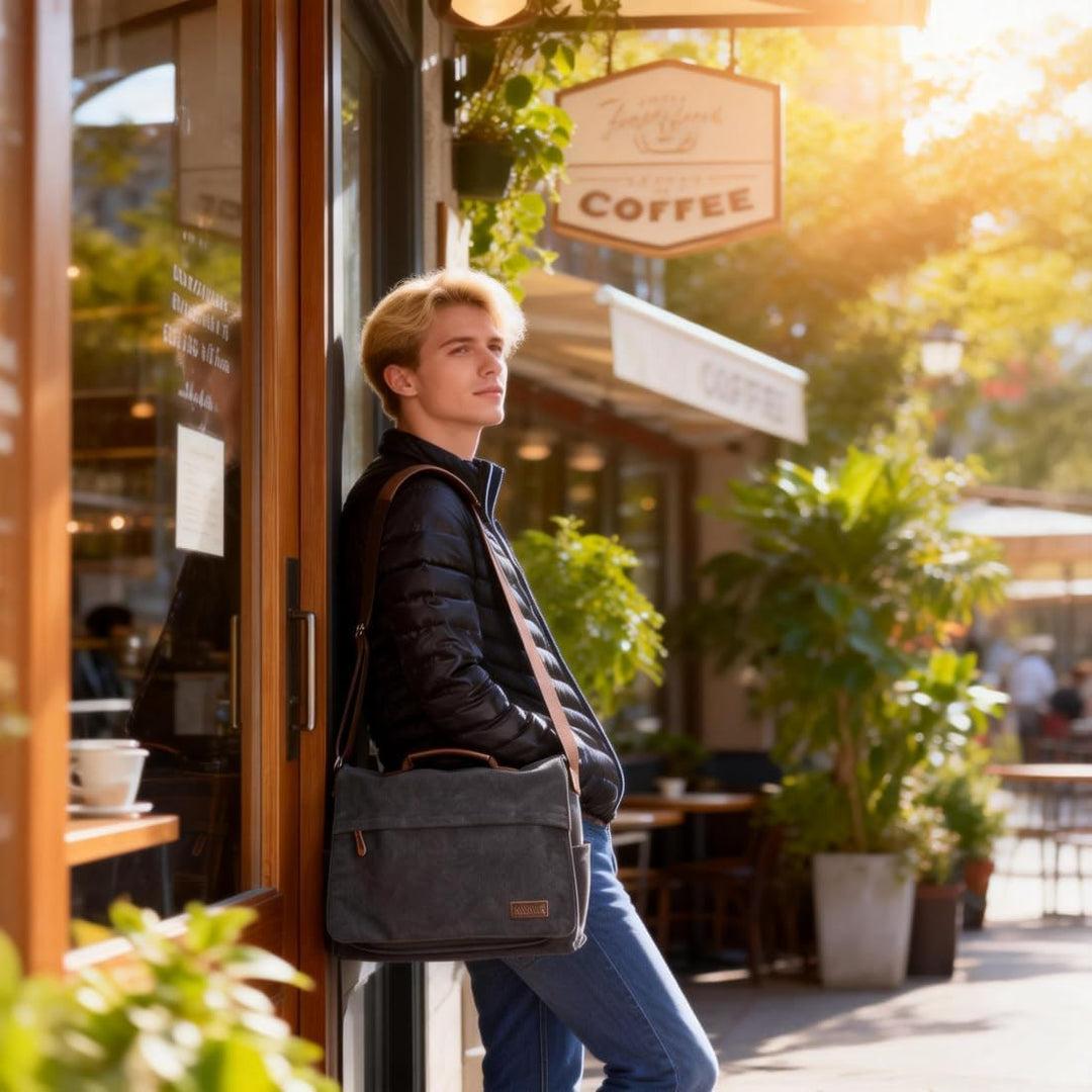 Ruschen Umhängetasche Herren aus Vintagem Segeltuch, Premium Herrentasche, Laptoptasche für 15,6 Zol