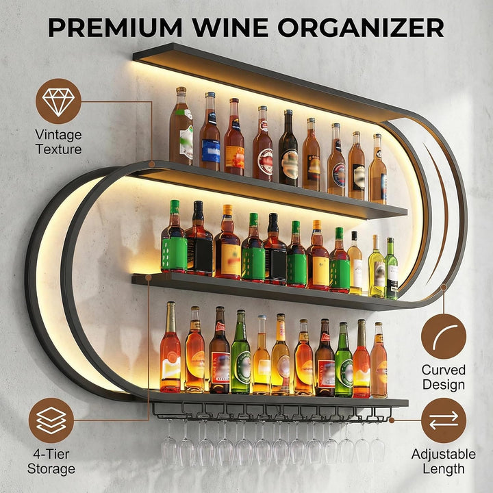 Weinregal zur Wandmontage, schwebendes Barregal mit 4 Ebenen, Industriedesign, Flaschenregal aus Met
