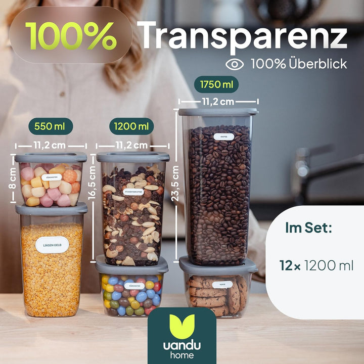 uandu Vorratsdosen mit Deckel luftdicht – 12er für Müsli, Mehl &amp; Zucker 12x1200ml-grau, 12x1200ml-gr