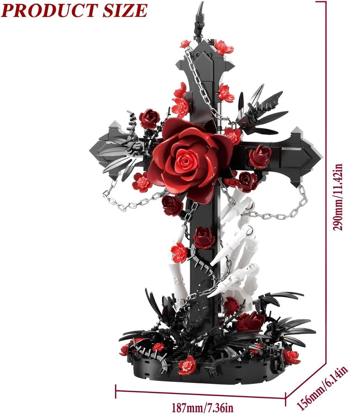Gothic Kreuz Rote Rose Baukasten, 720PCS Skeletthand Sammelbares Blumenstein-Modell, Dunkle Botanisc