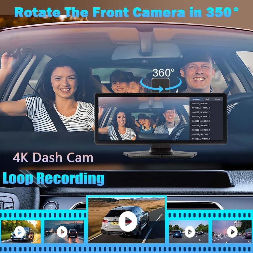 10.26" Wireless Carplay Screen 360 Rotation 4K Dash Cam Carplay/Android Auto Auto Stereo Auto Audio