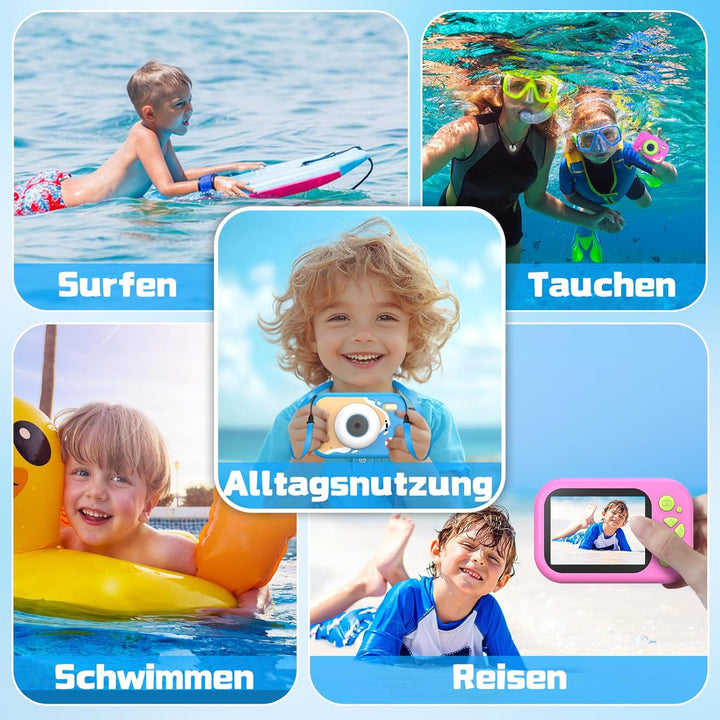 Unterwasserkamera Kinder, 10M/32.8FT Kinderkamera wasserdichte Kamera Kinder mit 2,4" Bildschirm, 32