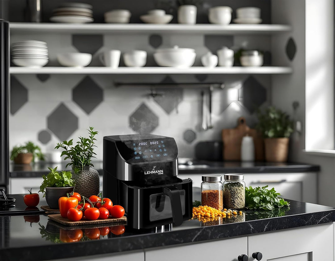 LEHMANN Heissluftfritteuse 8L, Airfryer mit Sichtfenster, Trenneinsatz für 2 Kammern, 12 Programmen,
