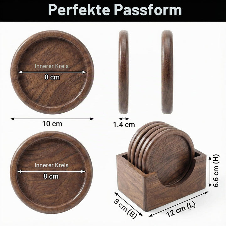 Walnussholz Untersetzer 6er Set - Rund für Gläser &amp; Tassen - Tassenuntersetzer aus Holz mit Aufbewah