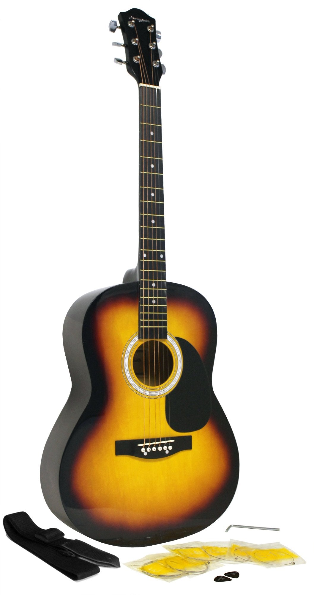 Martin Smith Akustikgitarre mit Gitarrensaiten, Gitarrenplektren & Gitarrengurt - Sunburst Sonnendur